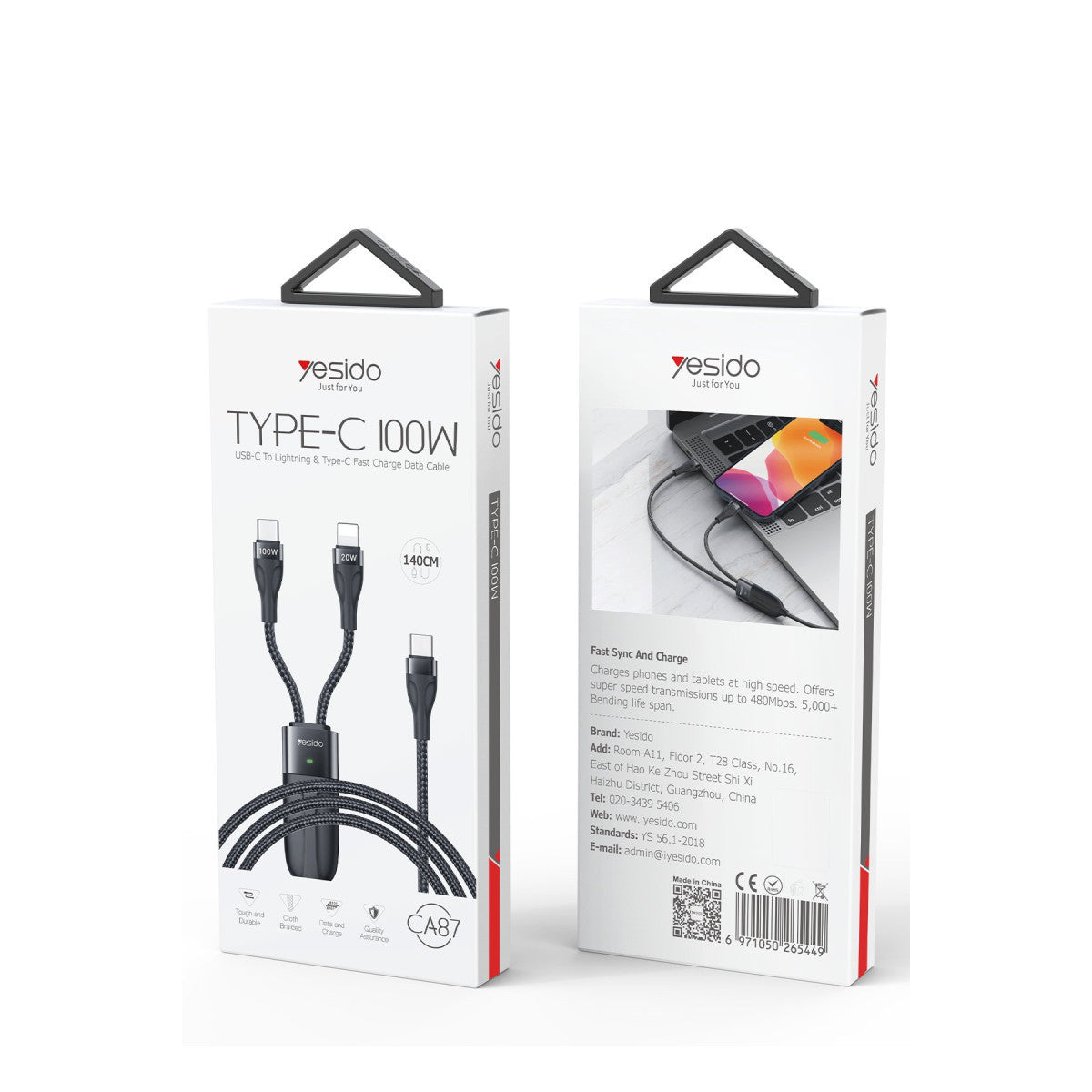 Yesido CA87 1.4M Type-C to 100W Type-C ve 20W Lightning Çift Çıkışlı 2in1 PD Hızlı Şarj Kablosu
