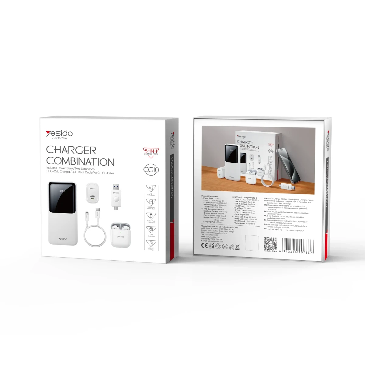 Yesido CG10 5in1 12W Şarj Aleti Kablo Powerbank Flash Bellek Airpods Set - Beyaz