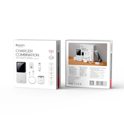 Yesido CG10 5in1 12W Şarj Aleti Kablo Powerbank Flash Bellek Airpods Set - Beyaz