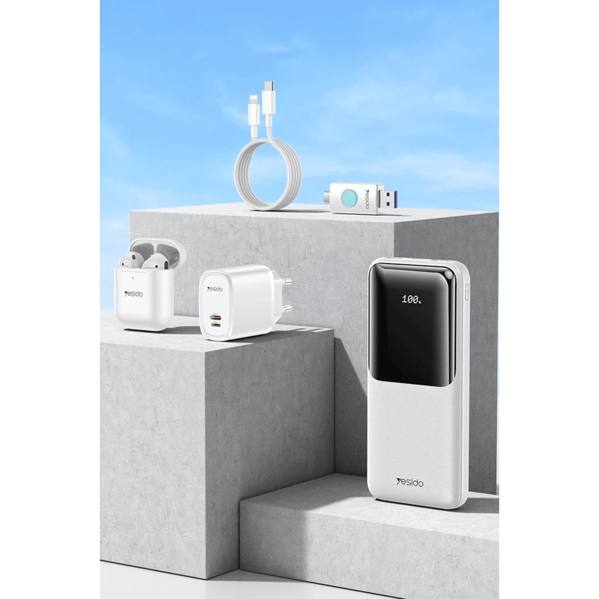 Yesido CG10 5in1 12W Şarj Aleti Kablo Powerbank Flash Bellek Airpods Set - Beyaz