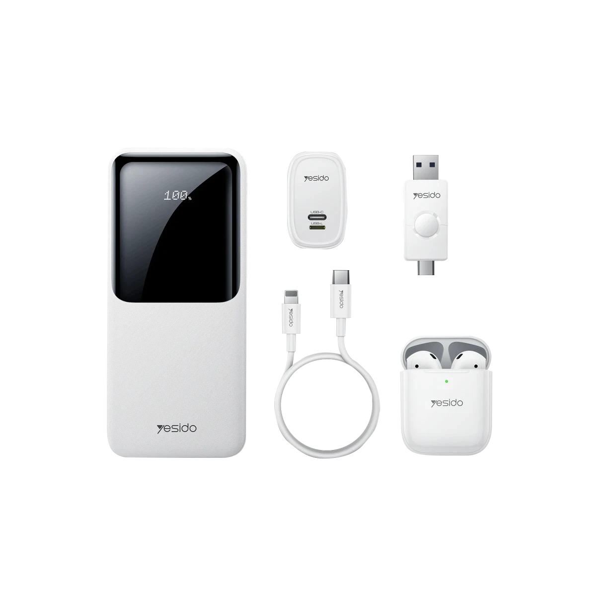 Yesido CG10 5in1 12W Şarj Aleti Kablo Powerbank Flash Bellek Airpods Set - Beyaz