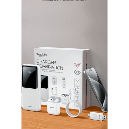 Yesido CG10 5in1 12W Şarj Aleti Kablo Powerbank Flash Bellek Airpods Set - Beyaz