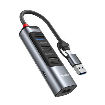 Yesido HB20 5in1 1 Adet USB 3.0 / 2 Adet Usb 2.0 / 1 Adet 100W Type-C Çıkışlı Usb ve Type-C Girişli Hub Dönüştürücü - Siyah