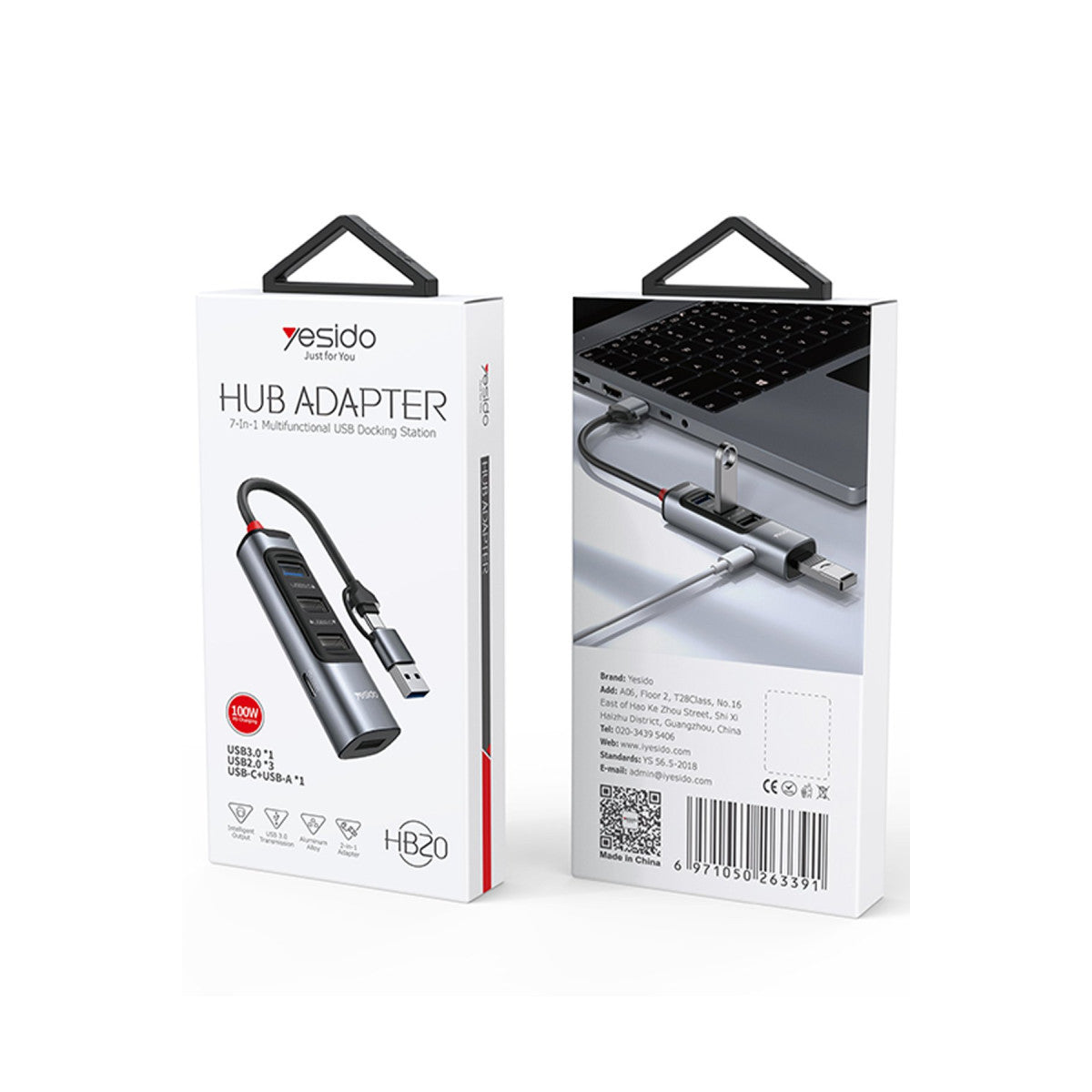 Yesido HB20 5in1 1 Adet USB 3.0 / 2 Adet Usb 2.0 / 1 Adet 100W Type-C Çıkışlı Usb ve Type-C Girişli Hub Dönüştürücü