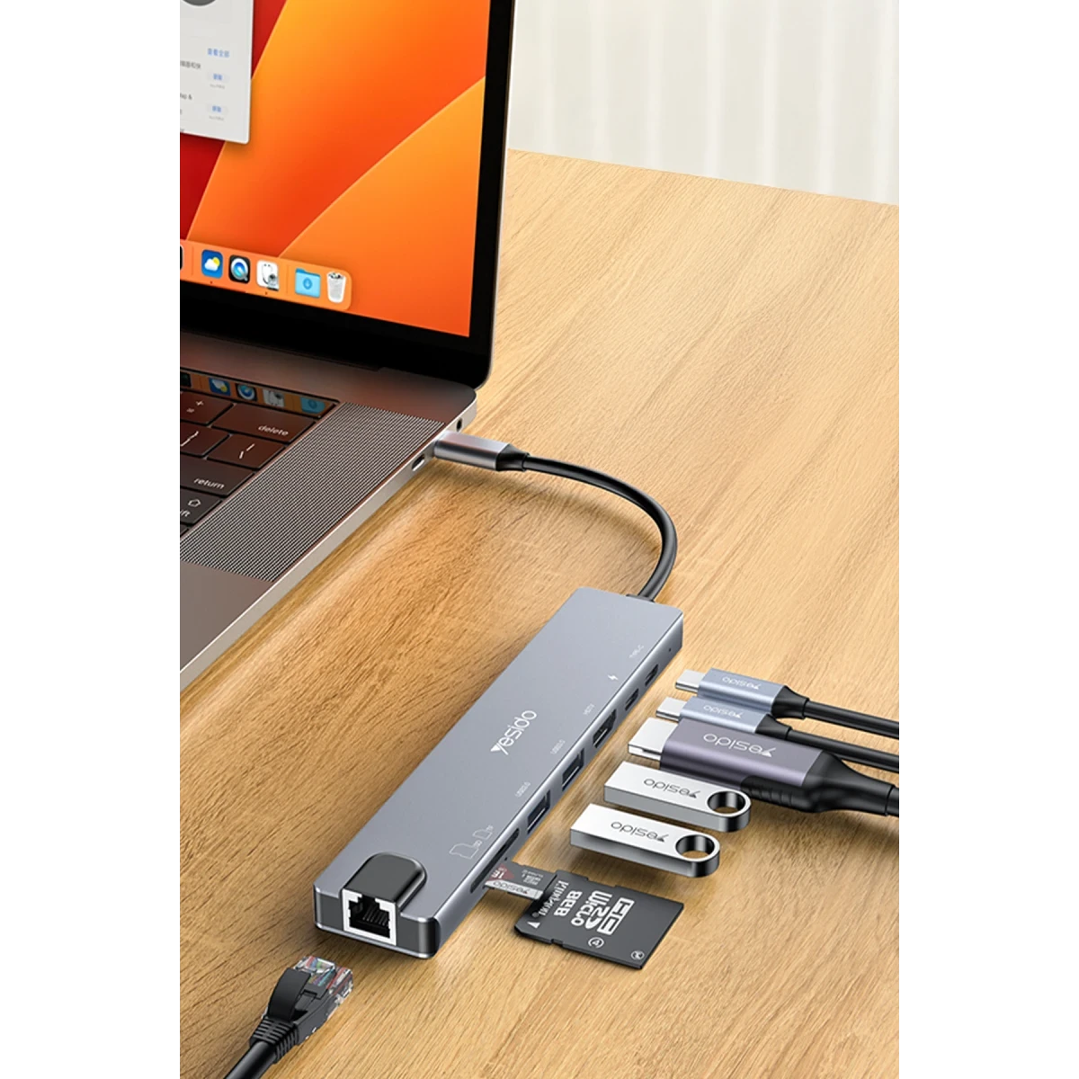 Yesido HB27 8in1 100W PD 1 GBPS Ethernet 4K Hub Dönüştürücü - Siyah