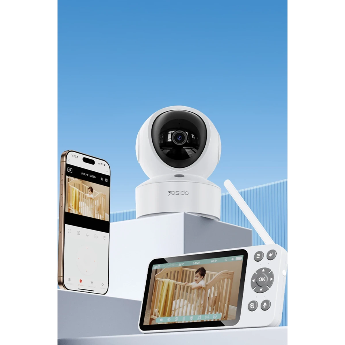 Yesido KM28 Ağlama Tespit ve Gece Görüş Özellikli 1080P Wifi Monitörlü Akıllı Bebek Takip Kamerası - Beyaz