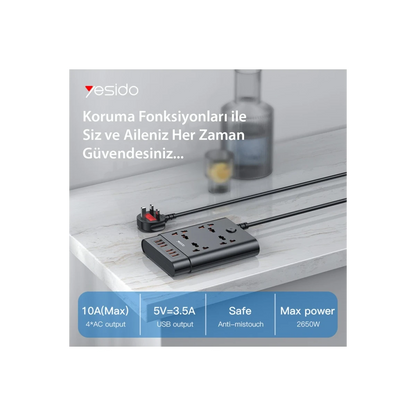 Yesido MC08 10in1 6 Adet Usb ve 4 Adet Priz Dönüştürücü 1.8M - Siyah