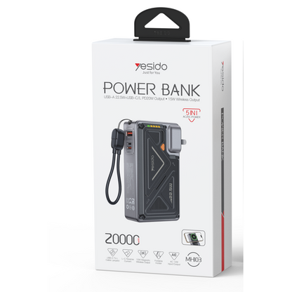 Yesido MH103 20.000 mAh 22.5W PD Hızlı Şarj ve 15W Kablosuz Şarj Destekli Priz Uçlu Powerbank - Siyah
