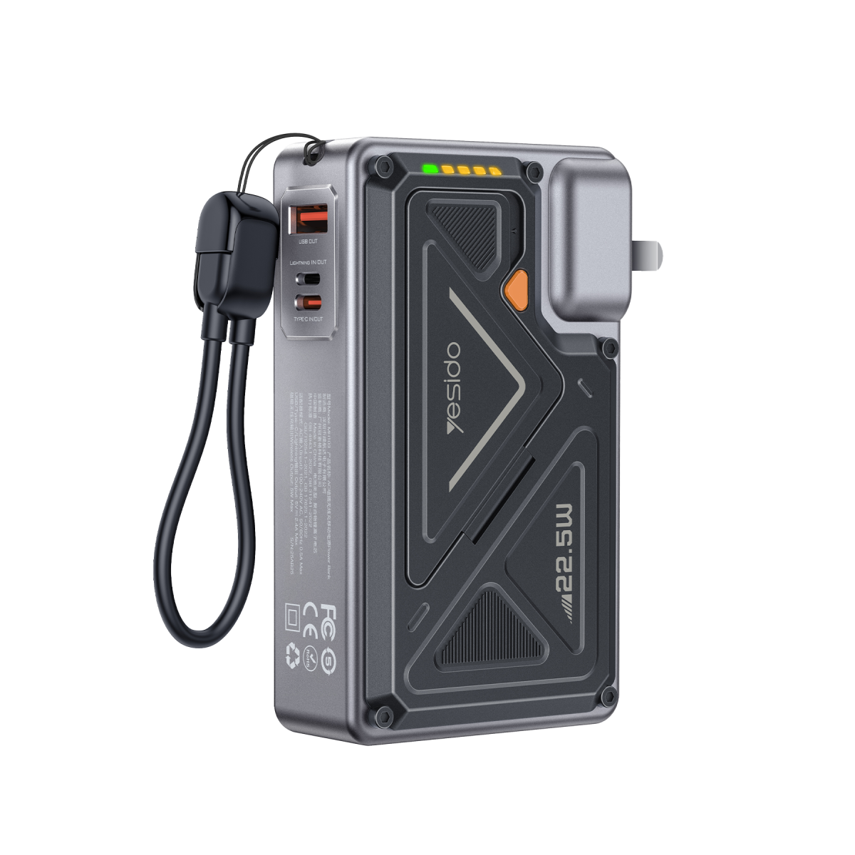 Yesido MH103 20.000 mAh 22.5W PD Hızlı Şarj ve 15W Kablosuz Şarj Destekli Priz Uçlu Powerbank