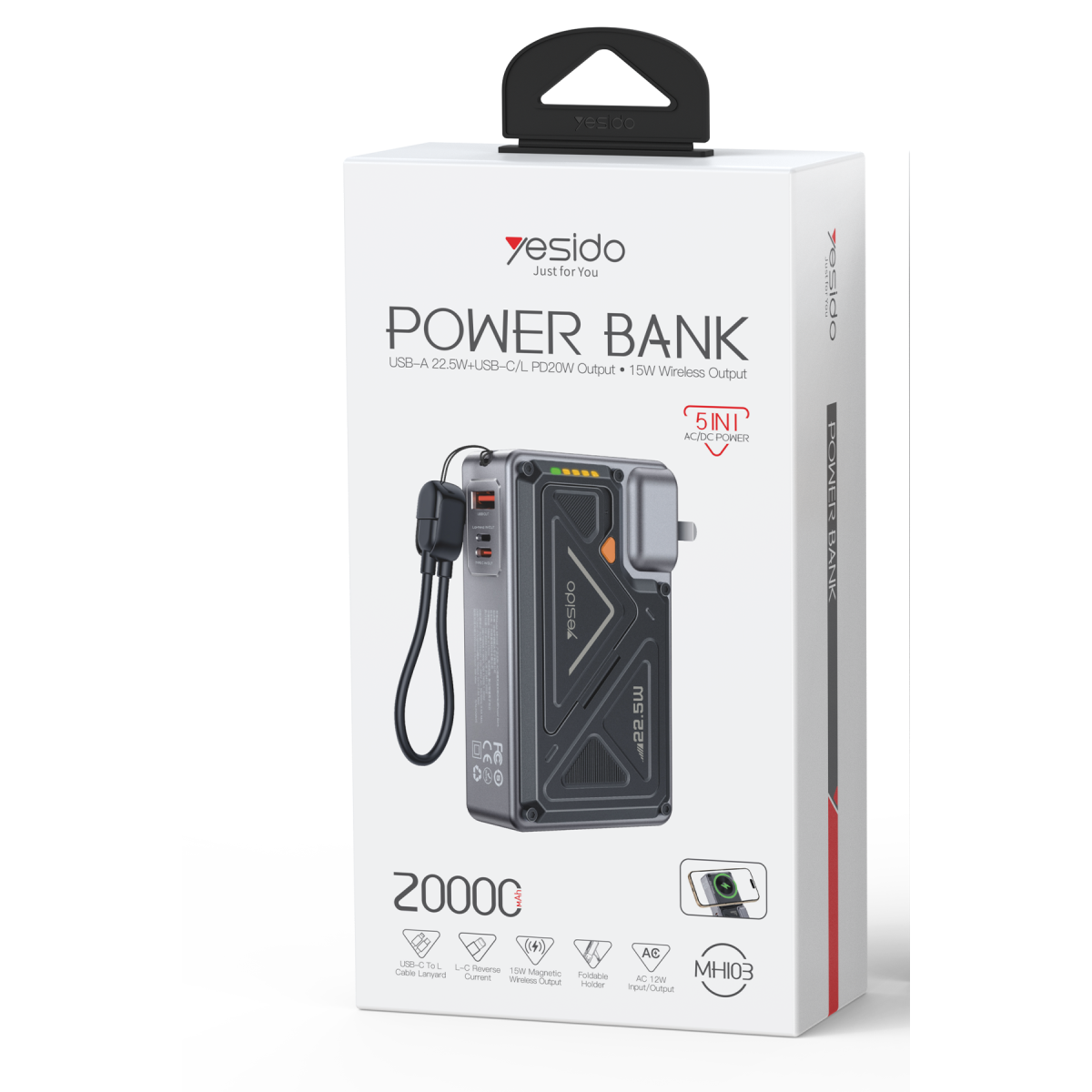 Yesido MH103 20.000 mAh 22.5W PD Hızlı Şarj ve 15W Kablosuz Şarj Destekli Priz Uçlu Powerbank