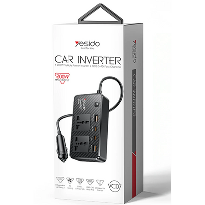 Yesido VC07 200W AC 220V Çıkışlı PD Destekli 4 Portlu Araç İçi Güç Dönüştürücü - Siyah