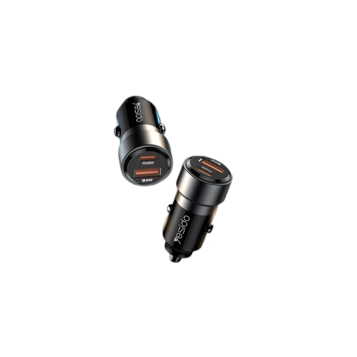 Yesido Y55 1 Adet 30W Usb / 1 Adet 30W Type-C ve 60W Type-C to Type-C Kablolu PD Hızlı Araç Şarj - Siyah