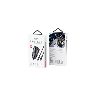 Yesido Y55 1 Adet 30W Usb / 1 Adet 30W Type-C ve 60W Type-C to Type-C Kablolu PD Hızlı Araç Şarj - Siyah