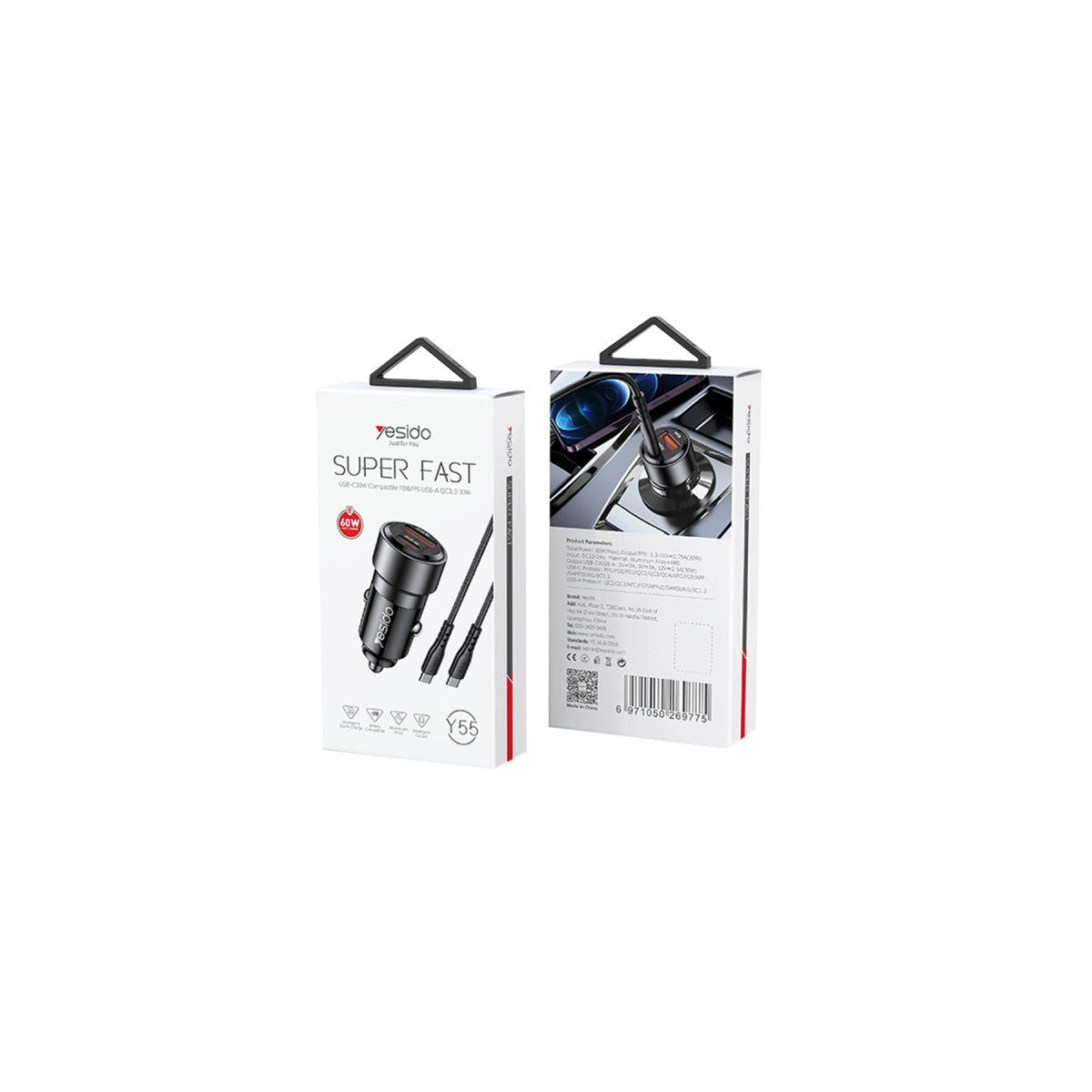 Yesido Y55 1 Adet 30W Usb / 1 Adet 30W Type-C ve 60W Type-C to Type-C Kablolu PD Hızlı Araç Şarj