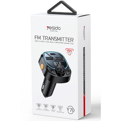 Yesido Y70 RGB 1 Adet 15W Type-C ve 1 Adet 15W USB Çıkışlı BT 5.3 FM Transmitter - Siyah