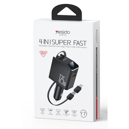 Yesido Y71 Dijital Göstergeli 1 Adet 30W Type-C ve 1 Adet 30W USB Çıkışlı Ekstra 65W Destekli Type-C Dahili Kablolu 125W Araç Şarj Aleti - Siyah