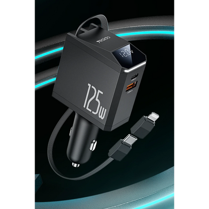 Yesido Y71 Dijital Göstergeli 1 Adet 30W Type-C ve 1 Adet 30W USB Çıkışlı Ekstra 65W Destekli Type-C Dahili Kablolu 125W Araç Şarj Aleti - Siyah