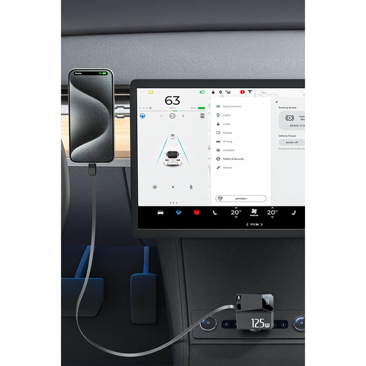 Yesido Y71 Dijital Göstergeli 1 Adet 30W Type-C ve 1 Adet 30W USB Çıkışlı Ekstra 65W Destekli Type-C Dahili Kablolu 125W Araç Şarj Aleti - Siyah