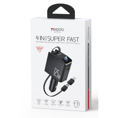Yesido Y71 Dijital Göstergeli 1 Adet 30W Type-C ve 1 Adet 30W USB Çıkışlı Ekstra 65W Destekli Type-C Dahili Kablolu 125W Araç Şarj Aleti
