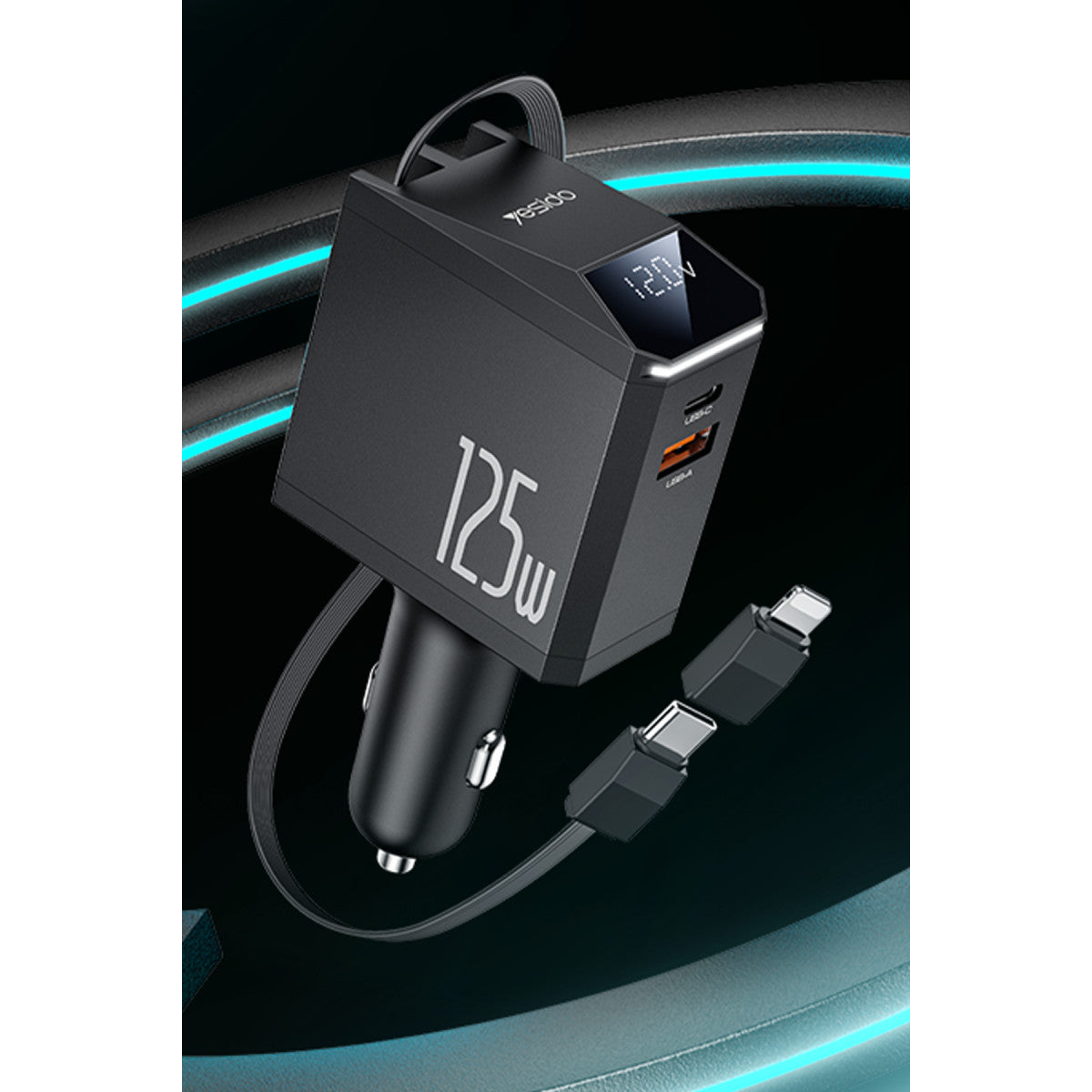 Yesido Y71 Dijital Göstergeli 1 Adet 30W Type-C ve 1 Adet 30W USB Çıkışlı Ekstra 65W Destekli Type-C Dahili Kablolu 125W Araç Şarj Aleti