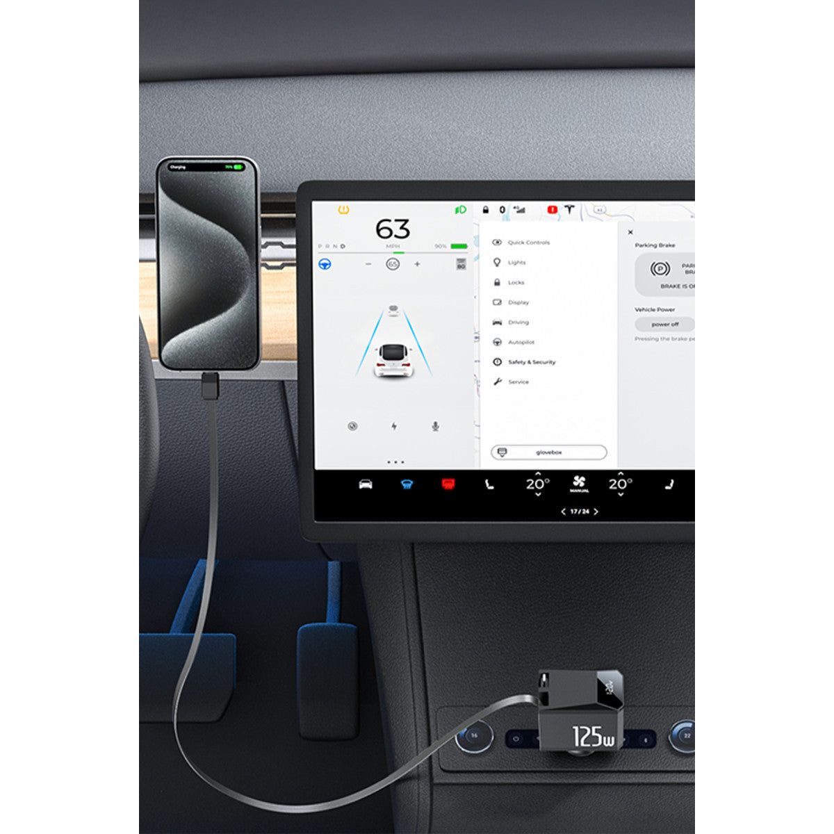 Yesido Y71 Dijital Göstergeli 1 Adet 30W Type-C ve 1 Adet 30W USB Çıkışlı Ekstra 65W Destekli Type-C Dahili Kablolu 125W Araç Şarj Aleti