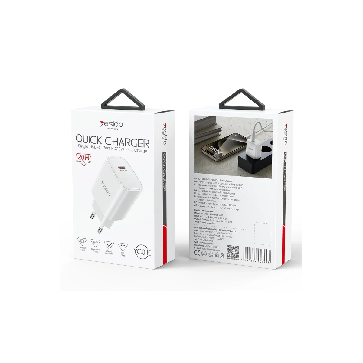 Yesido YC01E 20W Type-C Çıkışlı PD Hızlı Şarj Cihazı - Beyaz