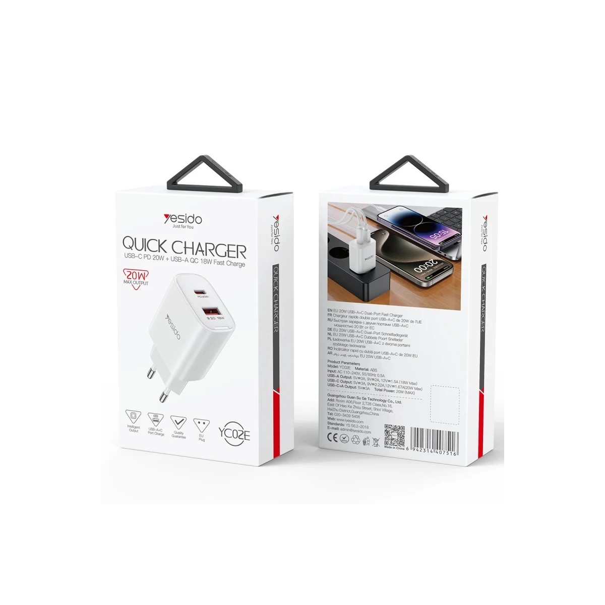 Yesido YC02E 20W Type-C ve 18W QC 3.0 USB Çıkışlı PD Hızlı Şarj Cihazı - Beyaz