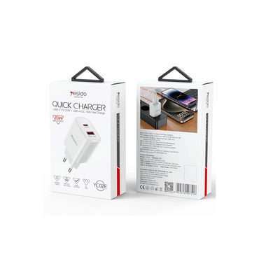 Yesido YC02E 20W Type-C ve 18W QC 3.0 USB Çıkışlı PD Hızlı Şarj Cihazı - Beyaz