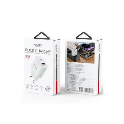 Yesido YC02E 20W Type-C ve 18W QC 3.0 USB Çıkışlı PD Hızlı Şarj Cihazı - Beyaz