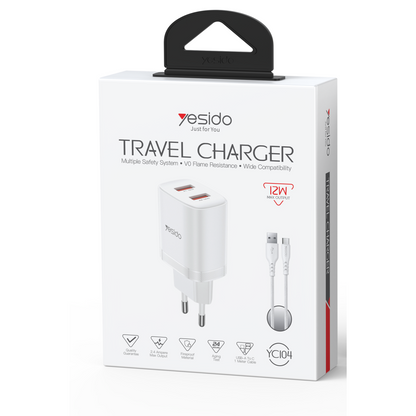 Yesido YC104 2.4A Çift USB-A Çıkışlı 1M USB-A to Type-C Kablolu Şarj Cihazı - Beyaz