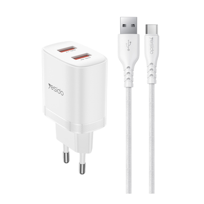 Yesido YC104 2.4A Çift USB-A Çıkışlı 1M USB-A to Type-C Kablolu Şarj Cihazı - Beyaz