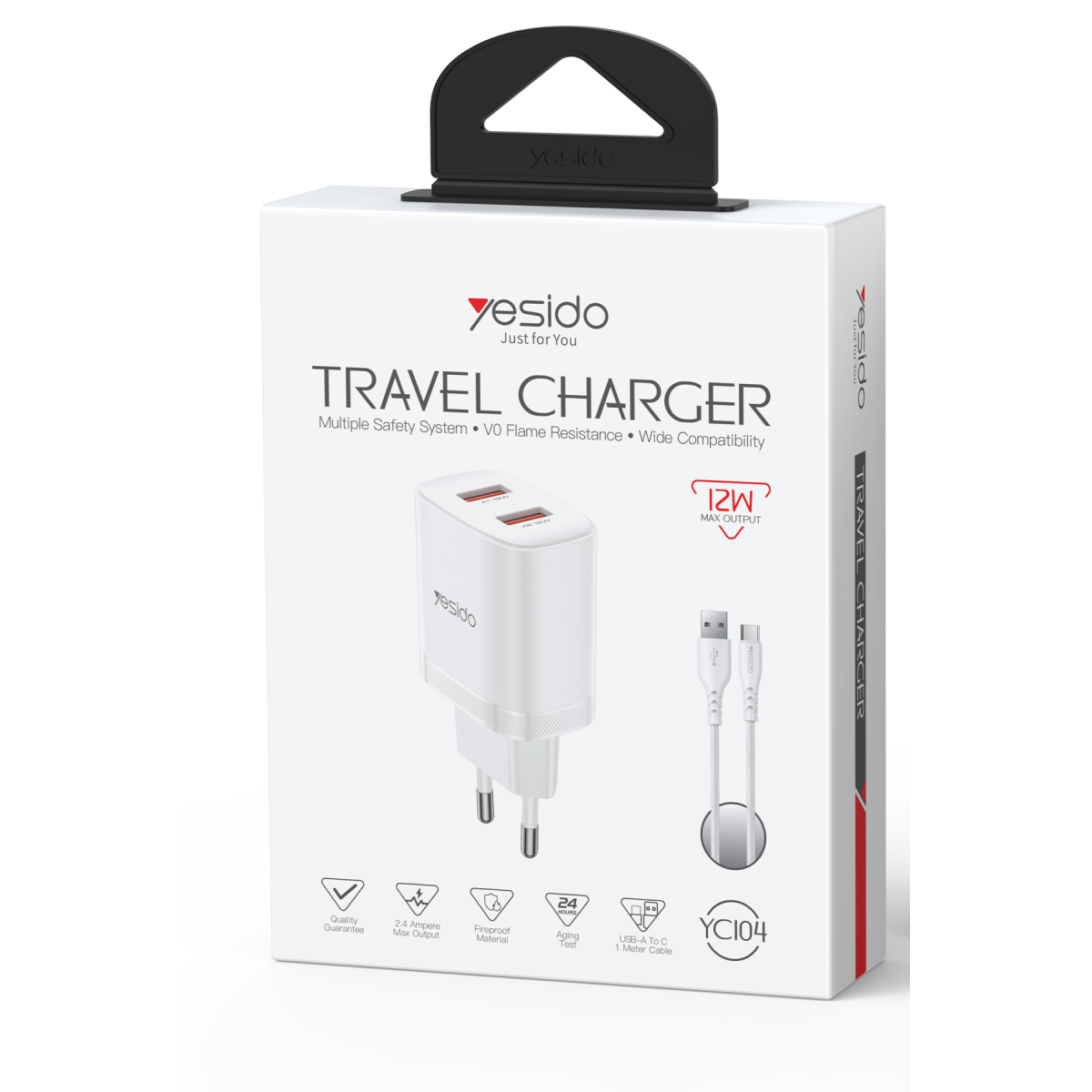 Yesido YC104 2.4A Çift USB-A Çıkışlı 1M USB-A to Type-C Kablolu Şarj Cihazı