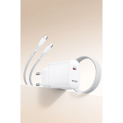 Yesido YC105 20W Type-C Çıkışlı 1M Type-C to Type-C Kablolu PD Hızlı Şarj Cihazı - Beyaz
