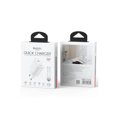 Yesido YC105 20W Type-C Çıkışlı 1M Type-C to Type-C Kablolu PD Hızlı Şarj Cihazı - Beyaz