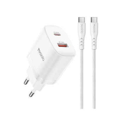 Yesido YC106 20W USB-A ve Type-C Çıkışlı Type-C to Type-C Kablolu PD Şarj Cihazı - Beyaz