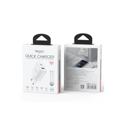 Yesido YC106 20W USB-A ve Type-C Çıkışlı Type-C to Type-C Kablolu PD Şarj Cihazı - Beyaz