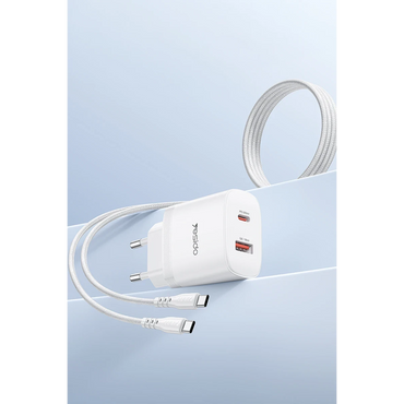 Yesido YC106 20W USB-A ve Type-C Çıkışlı Type-C to Type-C Kablolu PD Şarj Cihazı - Beyaz