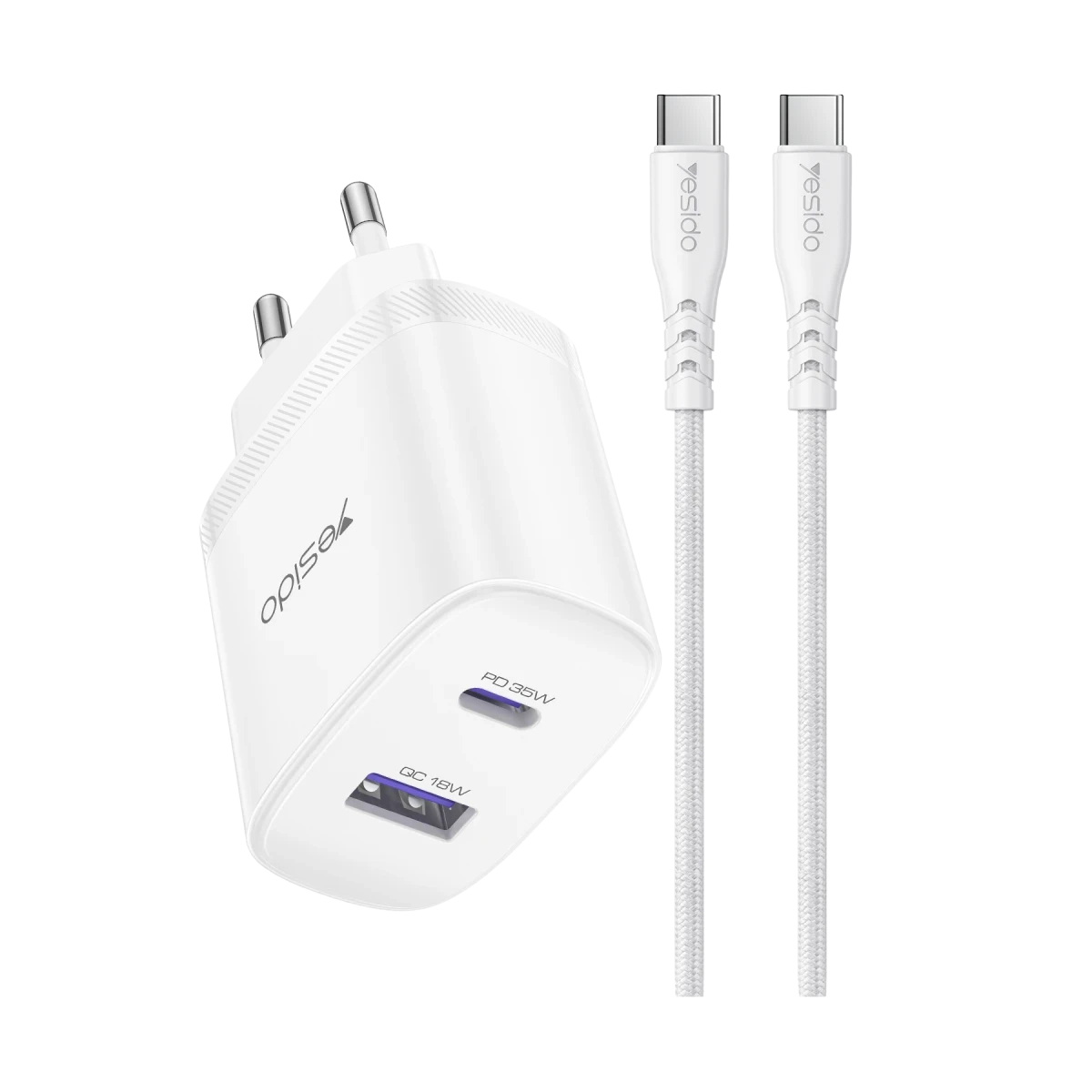 Yesido YC108 35W USB-A ve Type-C Çıkışlı ve 1M Type-C to Type-C Kablolu PD Şarj Cihazı - Beyaz