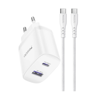 Yesido YC108 35W USB-A ve Type-C Çıkışlı ve 1M Type-C to Type-C Kablolu PD Şarj Cihazı - Beyaz