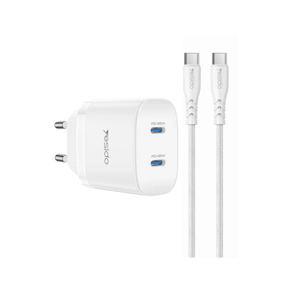 Yesido YC109 45W Çift Type-C Çıkışlı ve 1M Type-C to Type-C Kablolu PD Şarj Cihazı - Beyaz