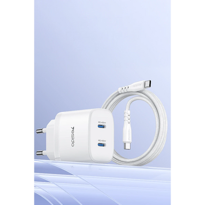 Yesido YC109 45W Çift Type-C Çıkışlı ve 1M Type-C to Type-C Kablolu PD Şarj Cihazı - Beyaz
