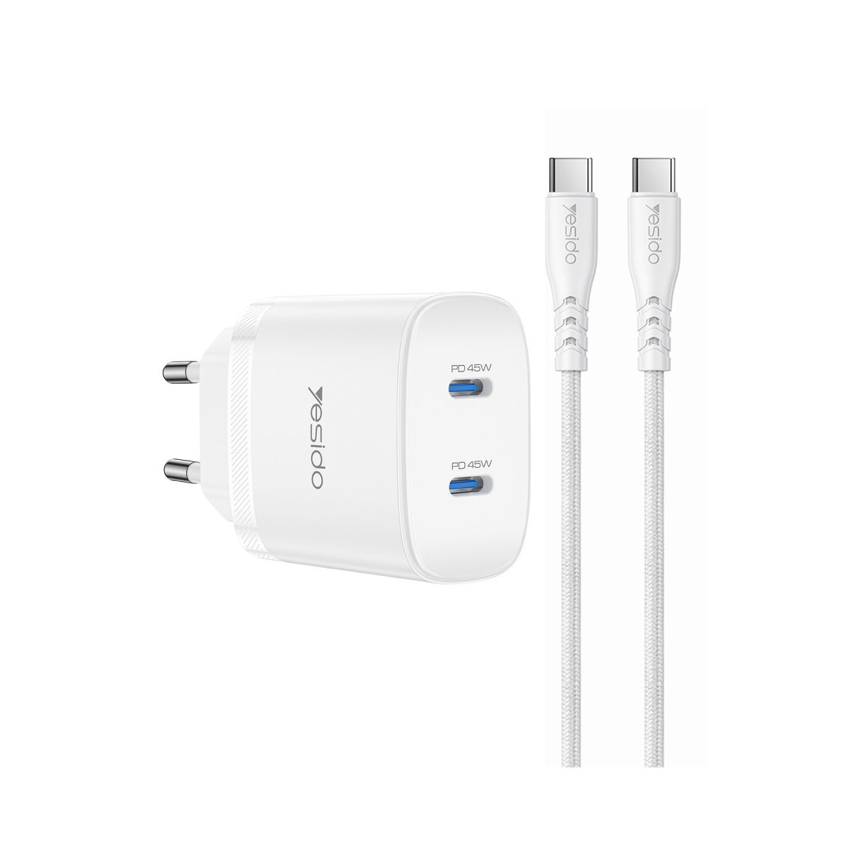 Yesido YC109 45W Çift Type-C Çıkışlı ve 1M Type-C to Type-C Kablolu PD Şarj Cihazı