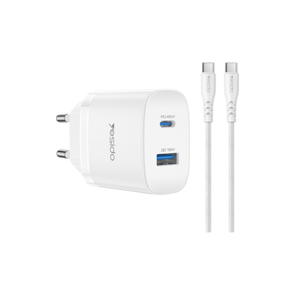 Yesido YC110 45W USB-A ve Type-C Çıkışlı 1M Type-C to Type-C Kablolu PD Hızlı Şarj Cihazı - Beyaz