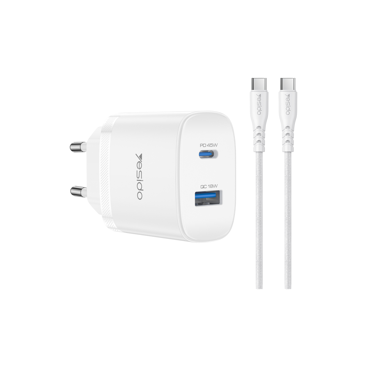 Yesido YC110 45W USB-A ve Type-C Çıkışlı 1M Type-C to Type-C Kablolu PD Hızlı Şarj Cihazı