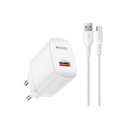 Yesido YC111 18W USB-A QC 3.0 Çıkışlı A to Type-C Kablolu Hızlı Şarj Cihazı - Beyaz
