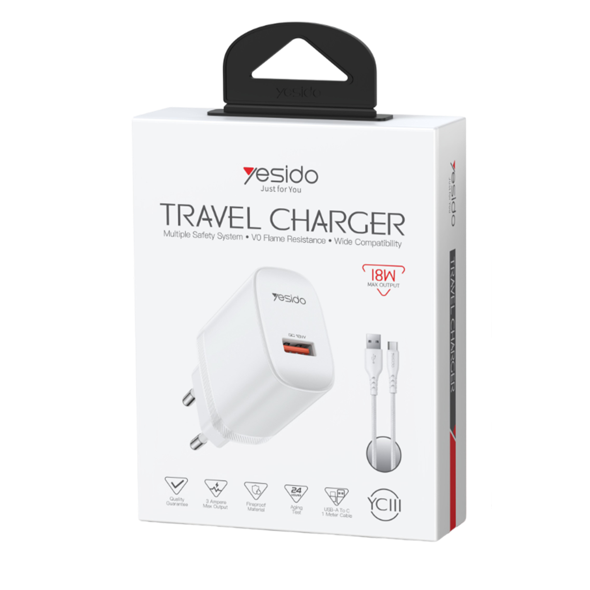 Yesido YC111 18W USB-A QC 3.0 Çıkışlı A to Type-C Kablolu Hızlı Şarj Cihazı