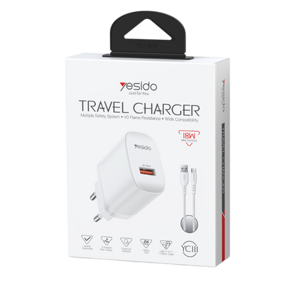 Yesido YC111 18W USB-A QC 3.0 Çıkışlı A to Type-C Kablolu Hızlı Şarj Cihazı