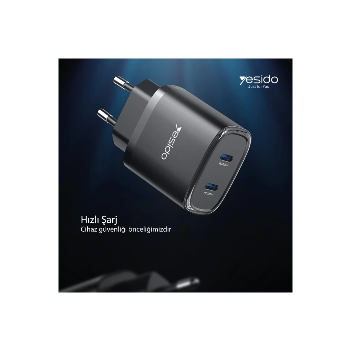 Yesido YC54 2 Adet 20W Type-C Çıkışlı ve 1M 27W Type-C to Lightning Kablolu PD Şarj Cihazı - Siyah