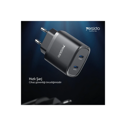 Yesido YC54 2 Adet 20W Type-C Çıkışlı ve 1M 27W Type-C to Lightning Kablolu PD Şarj Cihazı - Siyah