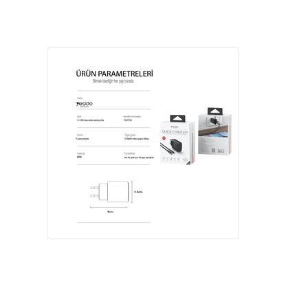 Yesido YC54 2 Adet 20W Type-C Çıkışlı ve 1M 27W Type-C to Lightning Kablolu PD Şarj Cihazı - Siyah